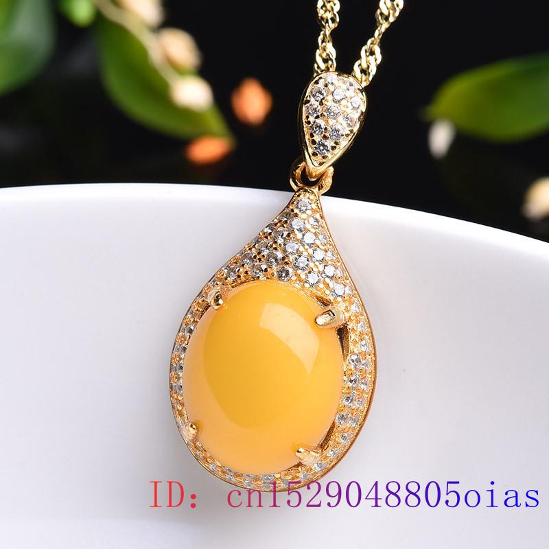 Yellow Amber Pendant Charm Crystal 925 Silver Beeswax Amulet Zircon Necklace Chinese Jewelry Gemstone Natural