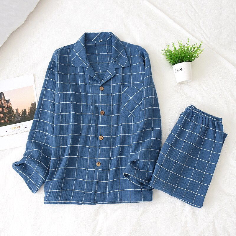 Spring Japanese pajamas sets men sleepwear 100% crepe cotton simple Starry sky casual male long sleeve pyjamas