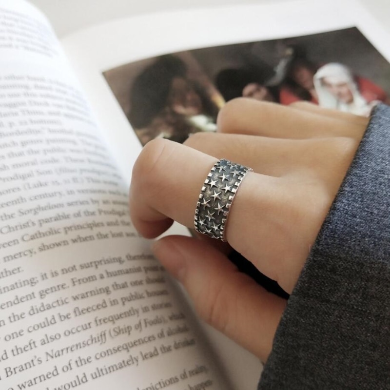 Suola di Memoria di Modo Stelle retrò tailandese Argento di Personalità Squisita 925 sterlina d'argento Femminile Resizable Anelli di Apertura SRI294
