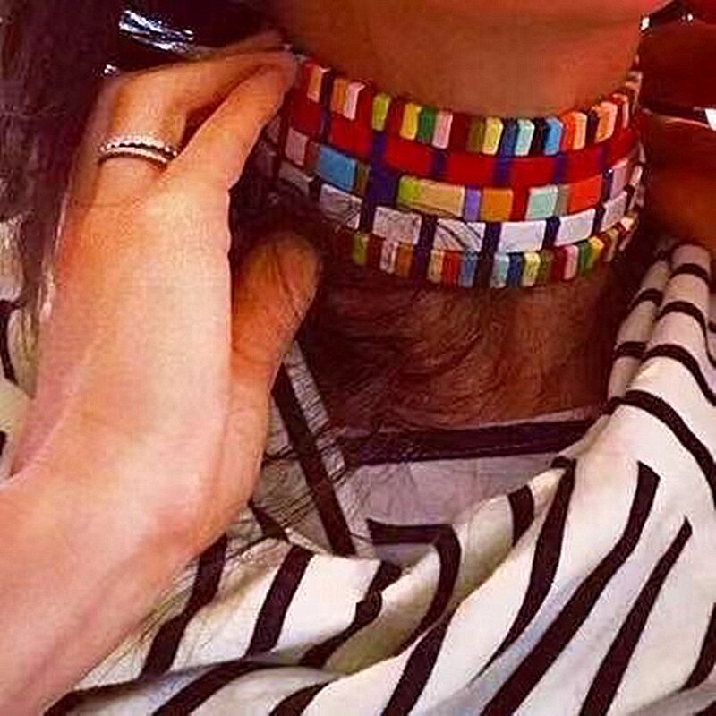 Bohemian Necklace Handmade Friendship Knit Weaving Stackable Enamel Rainbow Tile Necklace Street Photography Necklace