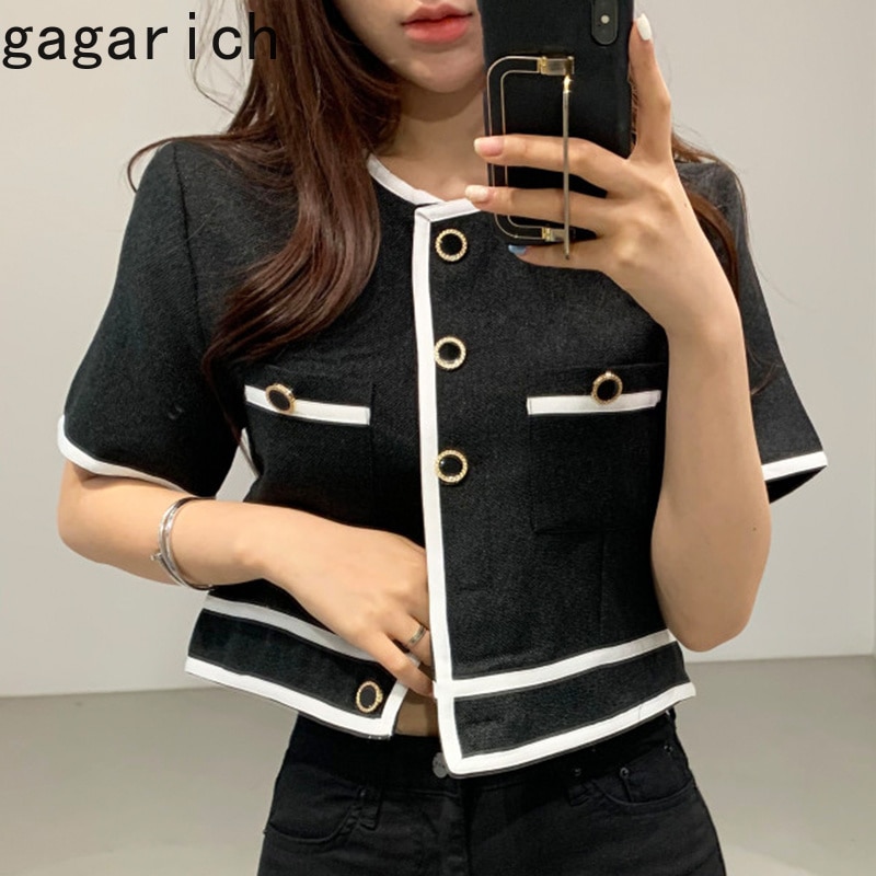 Gagarich damesjas koreaanse stijl chique ronde hals kleur bijpassende chique enkelrijs rechte dunne navel cropped jas top