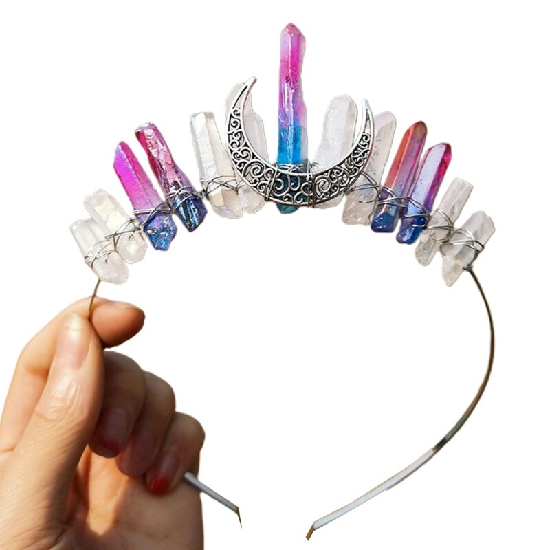 Handmade Faux Raw Crystal Headband Quartz Black Moon Bridal Alloy Tiara Crown Ladies Wedding Party Bridal Jewely Headdress: 10