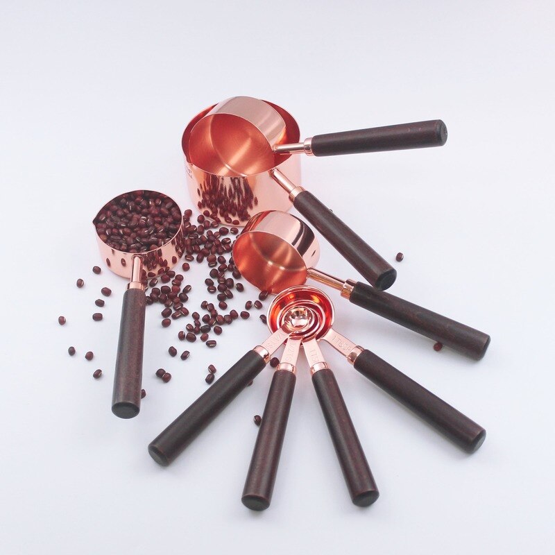 Rose Gold Stainless Steel Coffee Measuring Cup Measuring Spoon Set Utensils Scale Spoon Baking Wooden Handle Measuring Cup