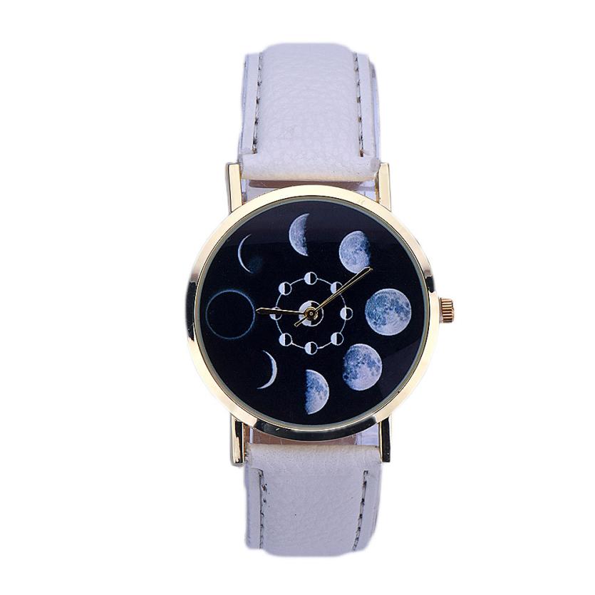 Prachtige zonnemaanfase maansverduistering horloges dames stijlvol quartz horloge pu leren armband horloges dames klokuren: Wit
