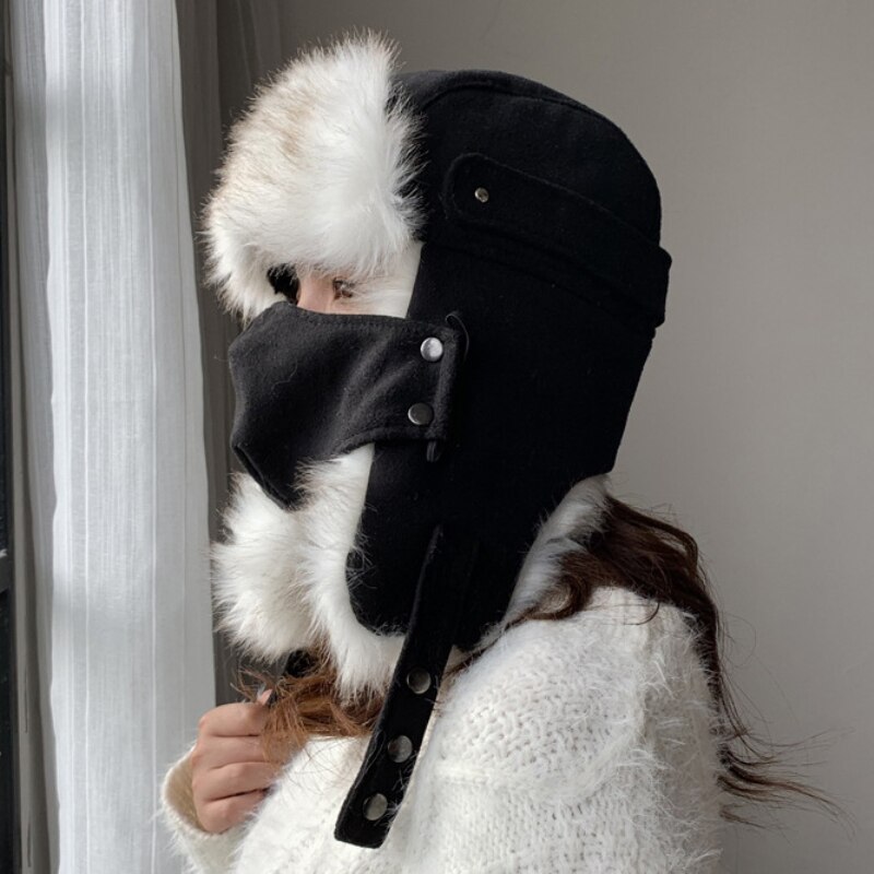 HT2876-Sombrero ruso grueso y cálido para mujer, gorro de invierno con solapa de oreja, gorra de esquí de nieve, máscara femenina Ushanka, sombrero de piel, sombrero de Bombardero: Solid Black