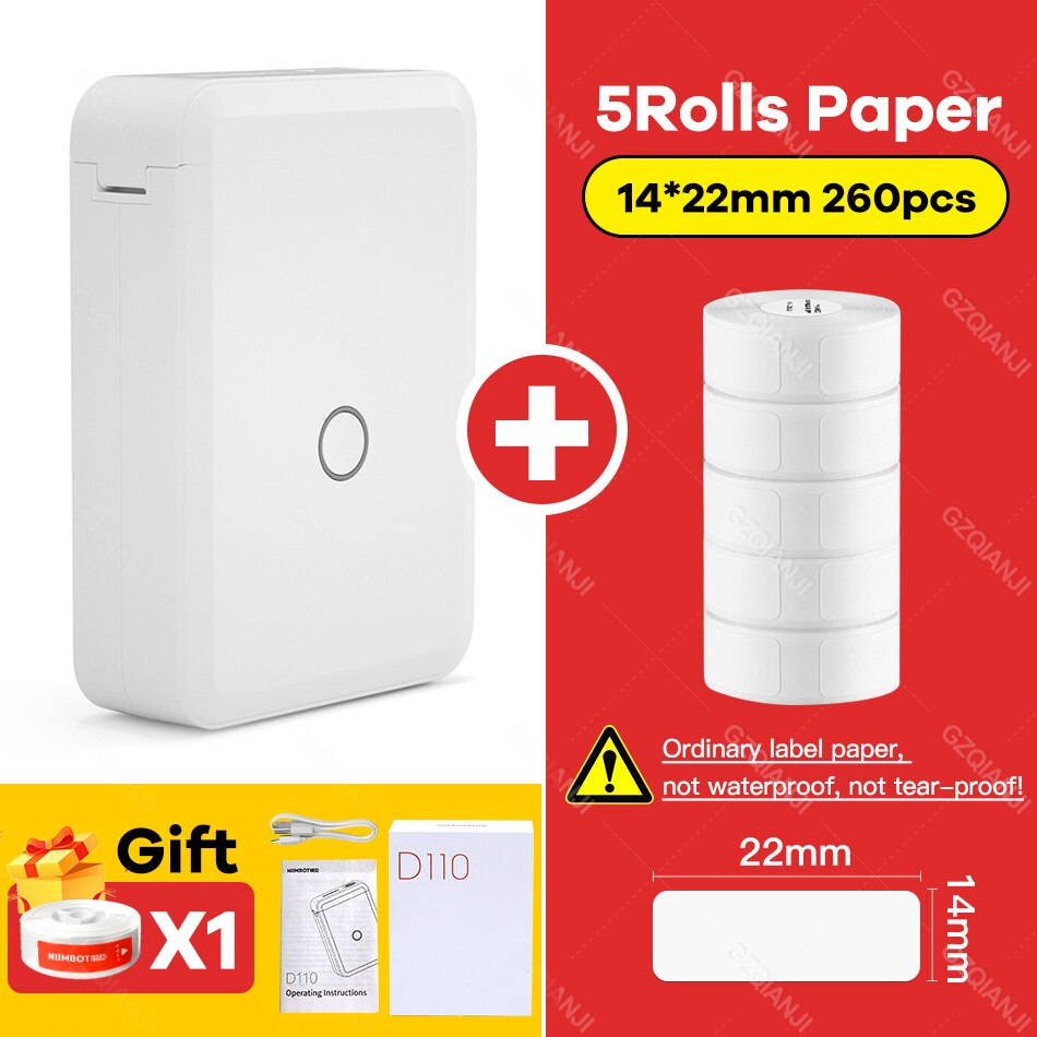 Niimbot D110 Portable Thermal Label printer Transparent Paper Pocket Mini Wireless Barcode Printer Bluetooth Machine D11 Maker: D110 Add 5 Rolls