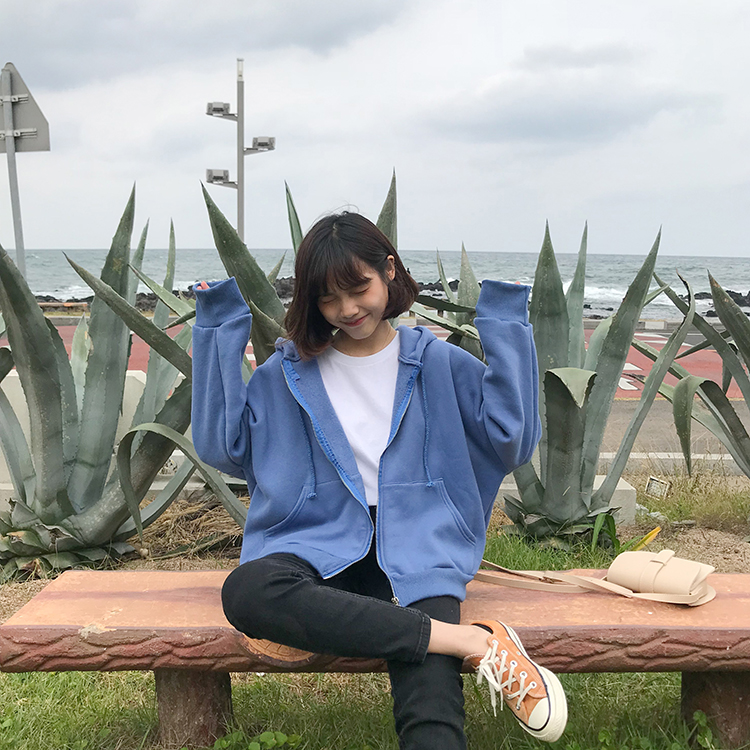 ¡Novedad de ! Sudaderas para mujer, Harajuku Ulzzang japonés, sudadera informal holgada de Color sólido, ropa de Kawaii Coreano para mujer: Azul