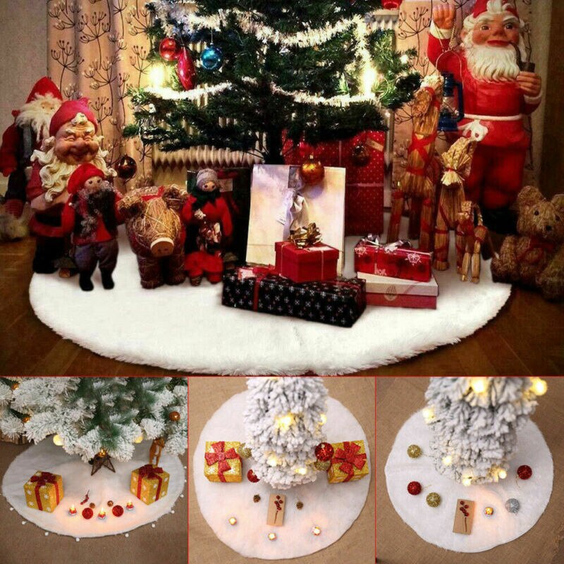 60cm White Christmas Tree Skirt Luxury Faux Fur Xmas Floor Decor Ornament Solid Color Christmas Tree Skirt Plush Floor Decor