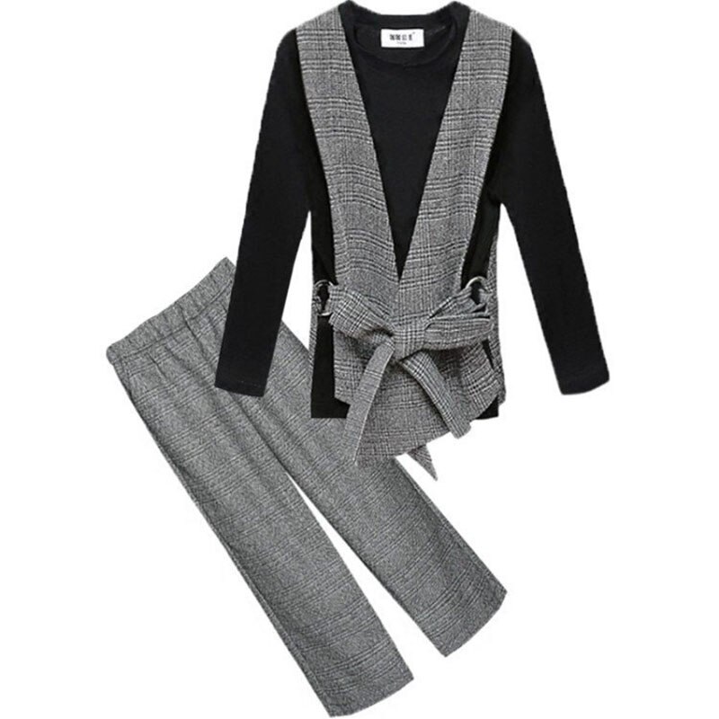 Traje de primavera para niñas, chaleco a cuadros, camiseta de manga larga, pantalones, conjuntos de 3 piezas, ropa escolar para adolescentes, chaqueta
