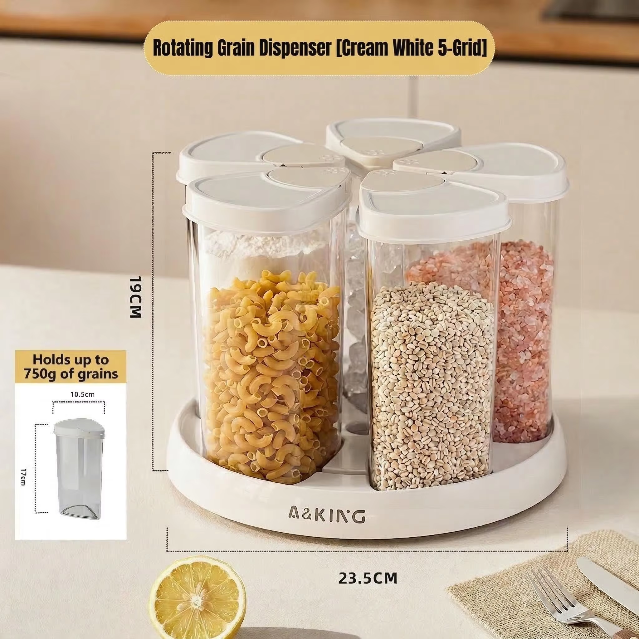 Dispenser - Draaibare ontbijtgranen dispenser - Opbergvat voor op het aanrecht - Kleine voedselbewaarcontainer met deksel, ontbijtgranenpottenset 5/6 stuks: WIT