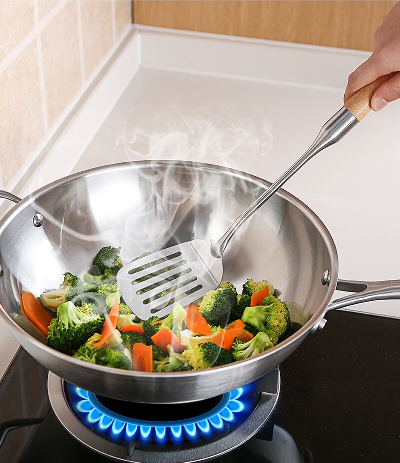 Espátula para utensilios de cocina, cuchara con colador, cucharas para sopa, pala ranurada, utensilios de cocina de acero inoxidable, batería de cocina mango de madera, cocina