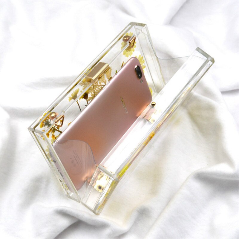 Daisy Flower Women Evening Bag Transparent Acrylic Handbag Wedding Party Bride Purse Clear Box Clutch Chain Shoulder Bag