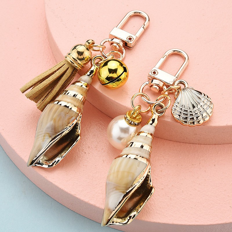 Bohemia estilo concha chaveiros para mulheres, pingente de borla pérola shell, requintado chaveiro saco, pequenos ornamentos à beira-mar, presentes lembrança