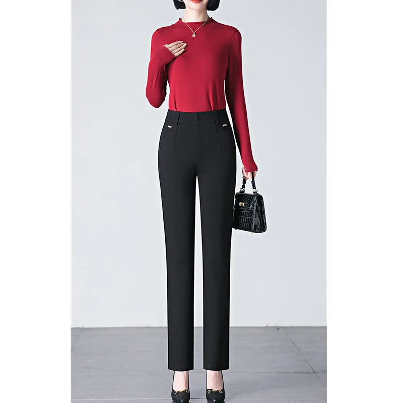 Svarta dambyxor med vardagskläder, snygga stretchbyxor, mörkblå khakifärgade slim fit-byxor, asiatisk storlek 27-33,