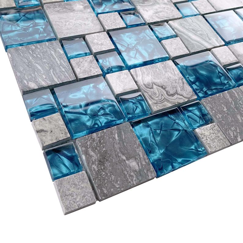 Gray Marble Stone Mix Blue Glass Mosaic Kitchen Backsplash Tile Bathroom Wall Tiles SGMT026A