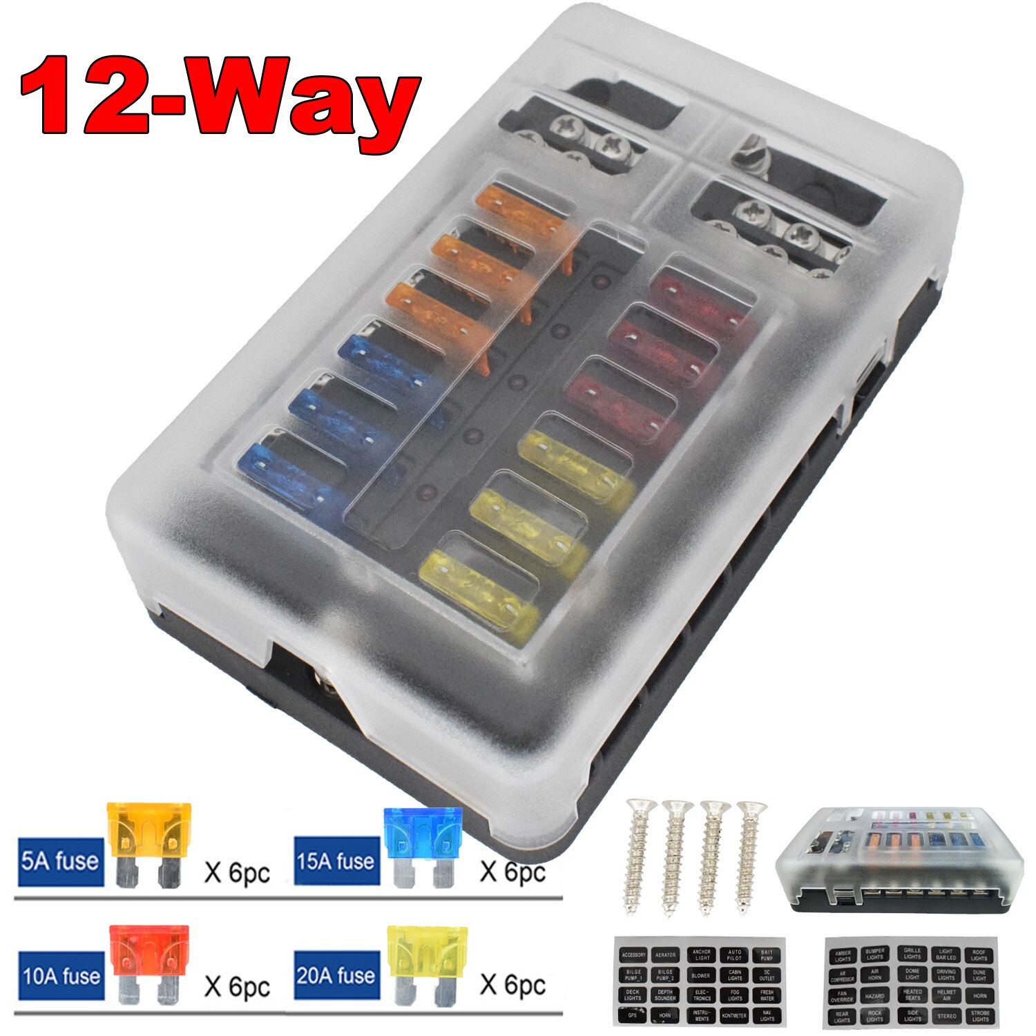 12-Way Blade Fuse Box Holder Block For Auto Car Boat Marine Trike Pickup Truck RV Bus Motorcycle Ship