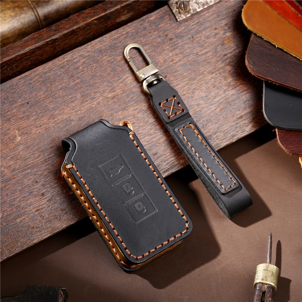 Leather Car Key Case For Mitsubishi Outlander Lancer 10 Pajero Sport L200 ASX RVR Smart Remote Fobs Protector Cover Keychain Bag: 3 Buttons Black