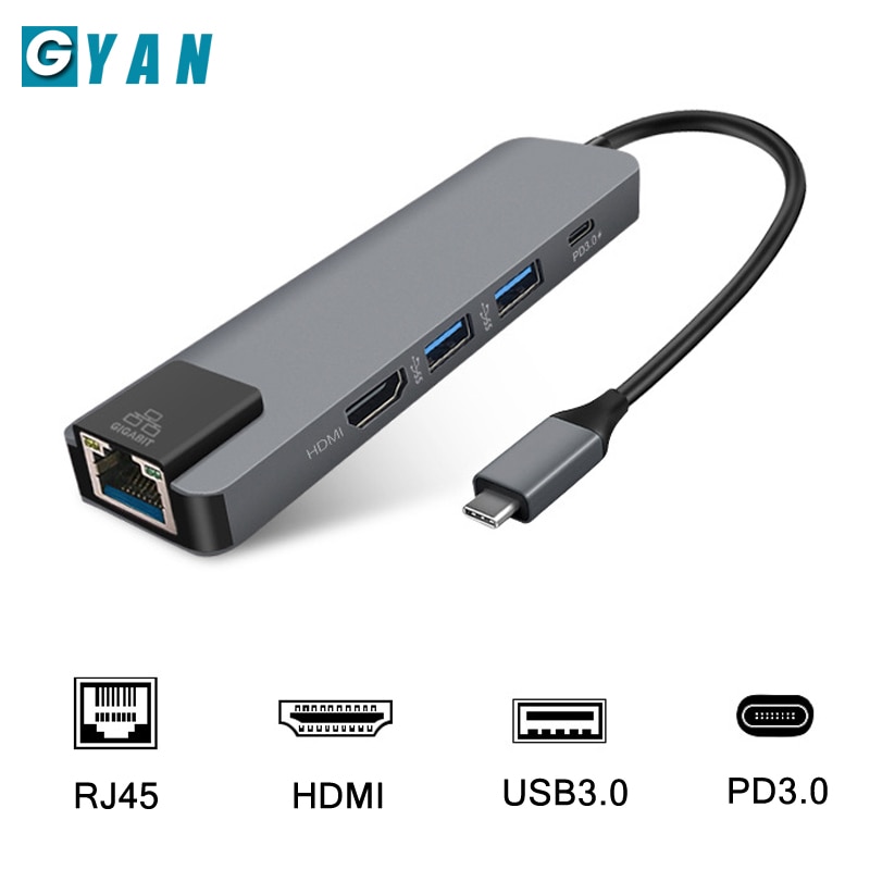 5 in 1 USB C Hub Hdmi 4K USB C Hub zu Gigabit Ethernet Rj45 Lan Adapter für Mac buch Profi Blitz 3 Typ c Docking Bahnhof