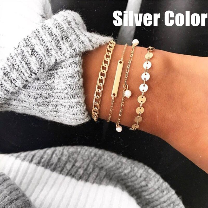 XPAYXPAY Bracelet Set Ladies Bracelets Women Round Tassel Yellow Gold Color Jewelry Trendy Stainless Pulseras: Silver Color