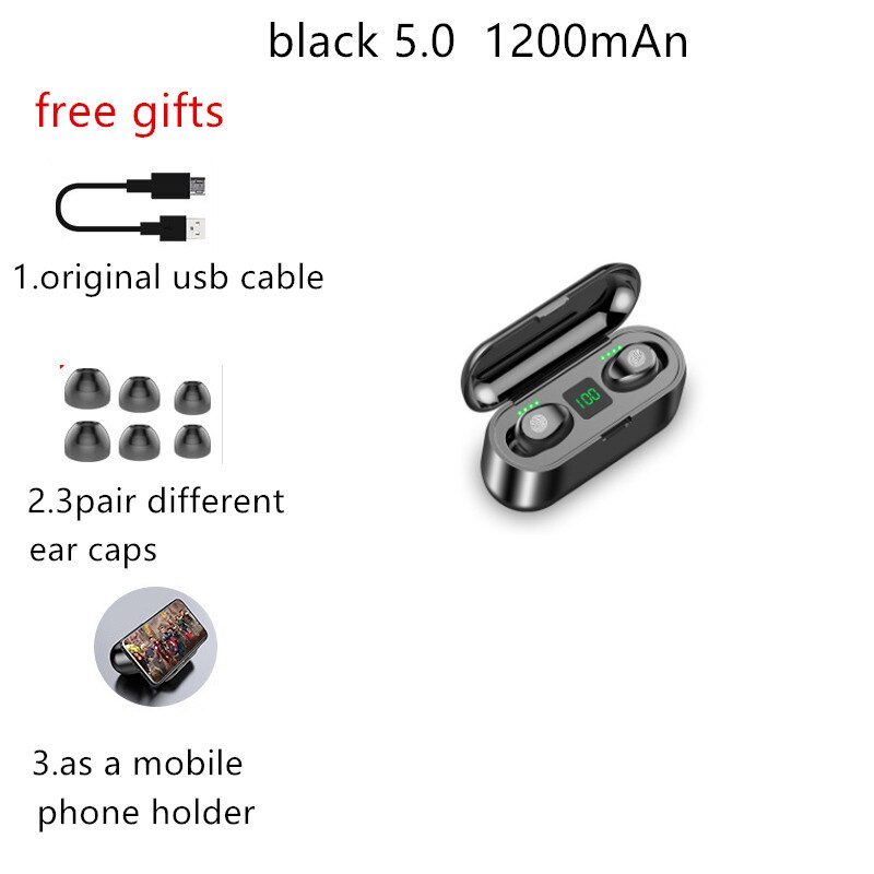 F9 Wireless Headphones Bluetooth 5.0 Earphone with Headphones Charge Box Sports Headset Ear Buds with Dual Microphone: black 1200