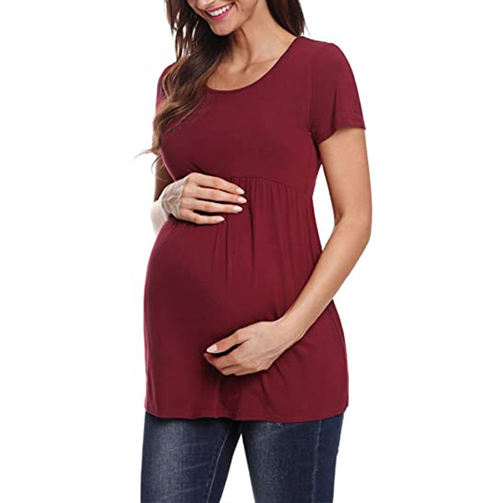 Camiseta de manga corta de maternidad para mujer, Tops de poliéster con cuello redondo de Color sólido, ropa de embarazo, ropa de embarazada de verano: XL