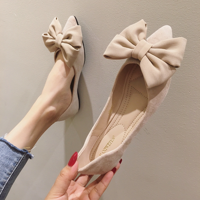 big bowknot sping single shoes woman suede leather shallow mouth ballet flats solid color scarpe donna loafers women: Beige / 6
