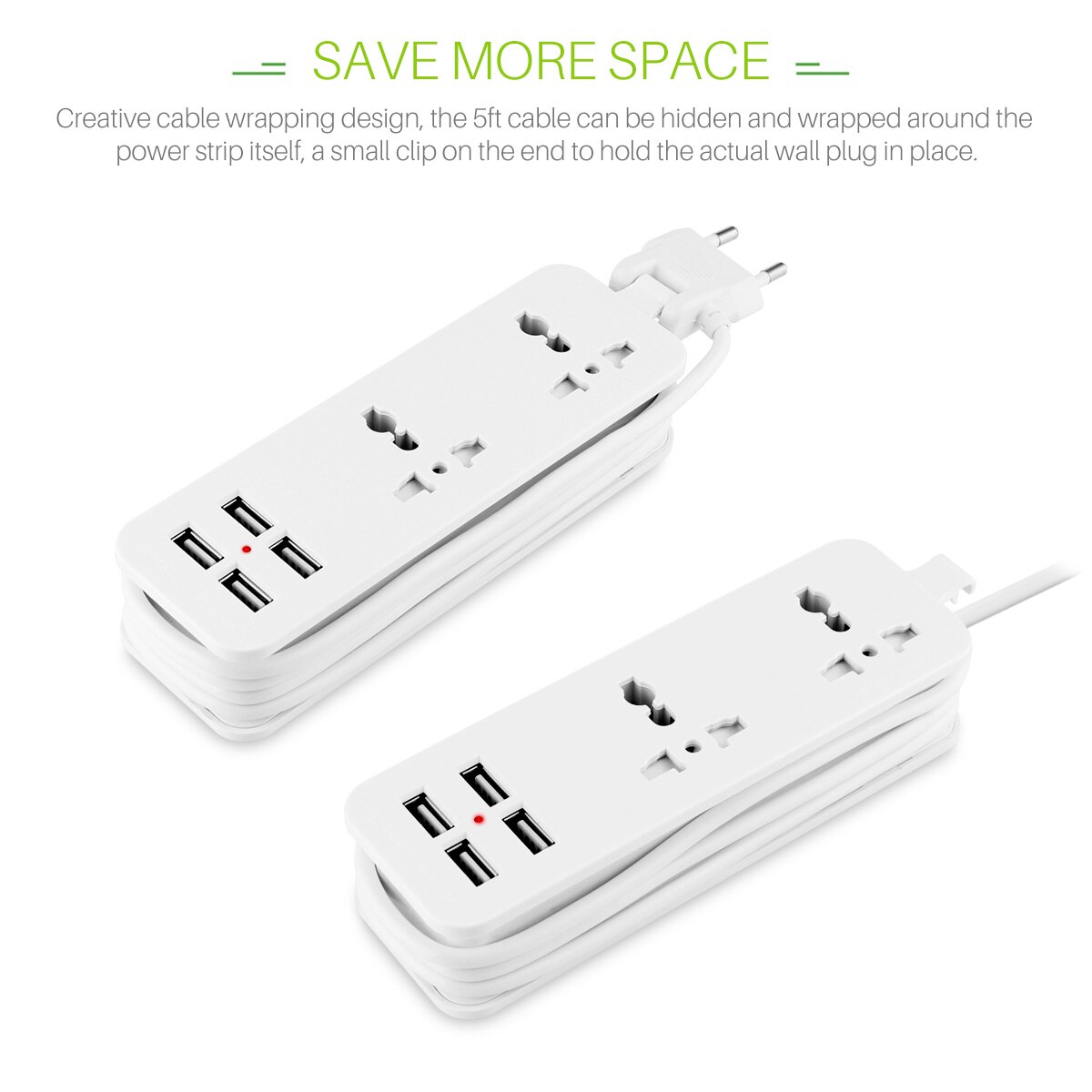 Power Strip - 2 AC Outlets + 4 USB Ports - 1.5m Cable - Surge Protector - US Plug