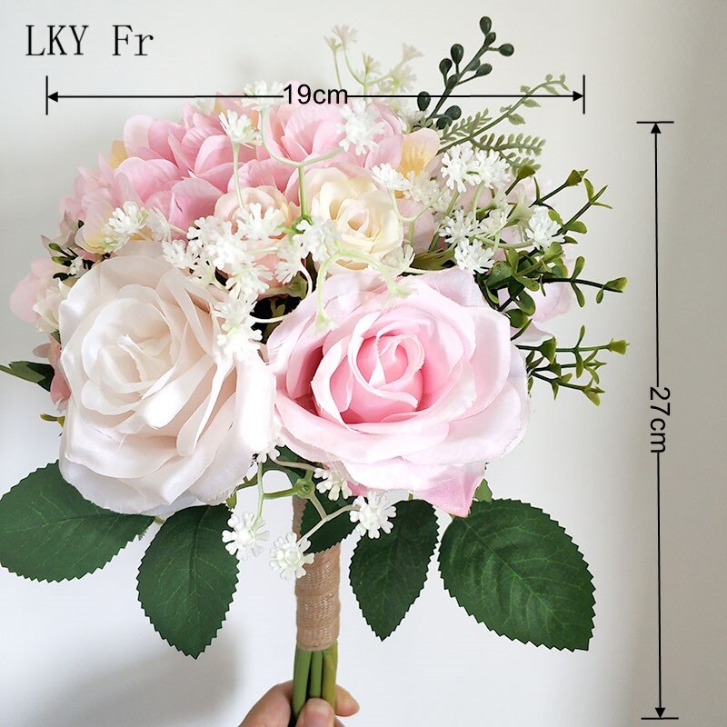 LKY Fr bukiety ślubne bukiety ślubne druhny różowy bukiet ślubny białe róże kwiaty sztuczny jedwab akcesoria ślubne