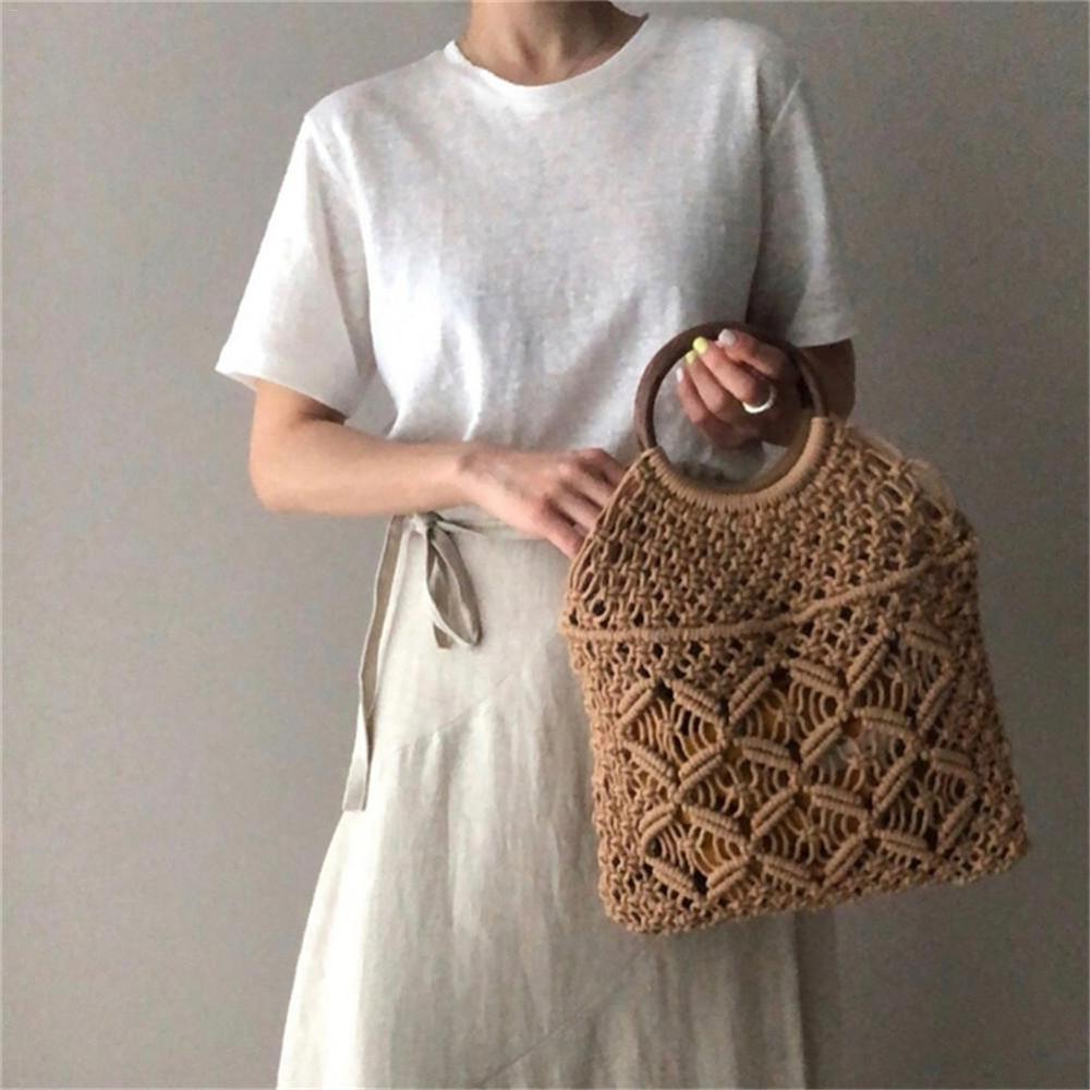 Rattan Cotton Rope Hollow Straw Woven Beach Bag Without Lining Storage Bag Women's Totes Shoulder Bags