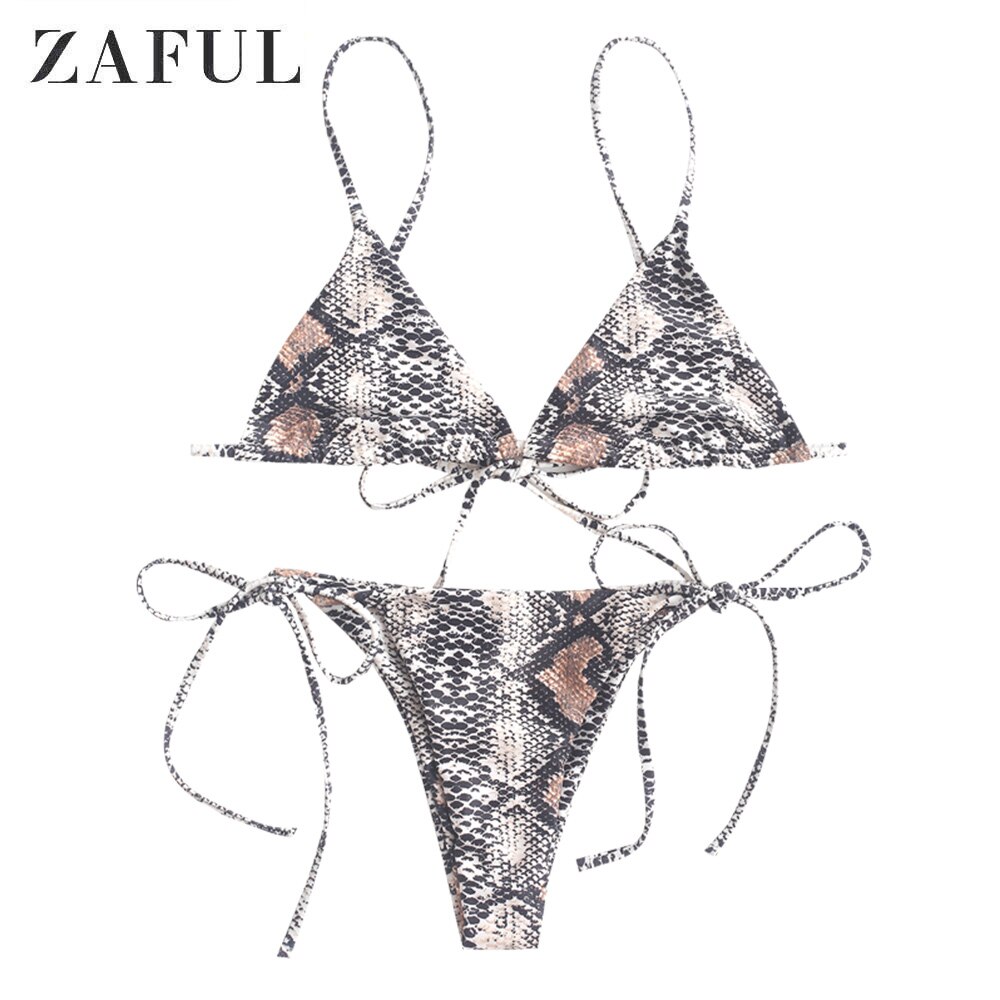 Zaful Snake Print Hoge Been Cami Bikini Badmode Voor Vrouwen Spaghettibandjes String Bikini Sets Lage Waisted Twee Stukken Badpak: Multia / L