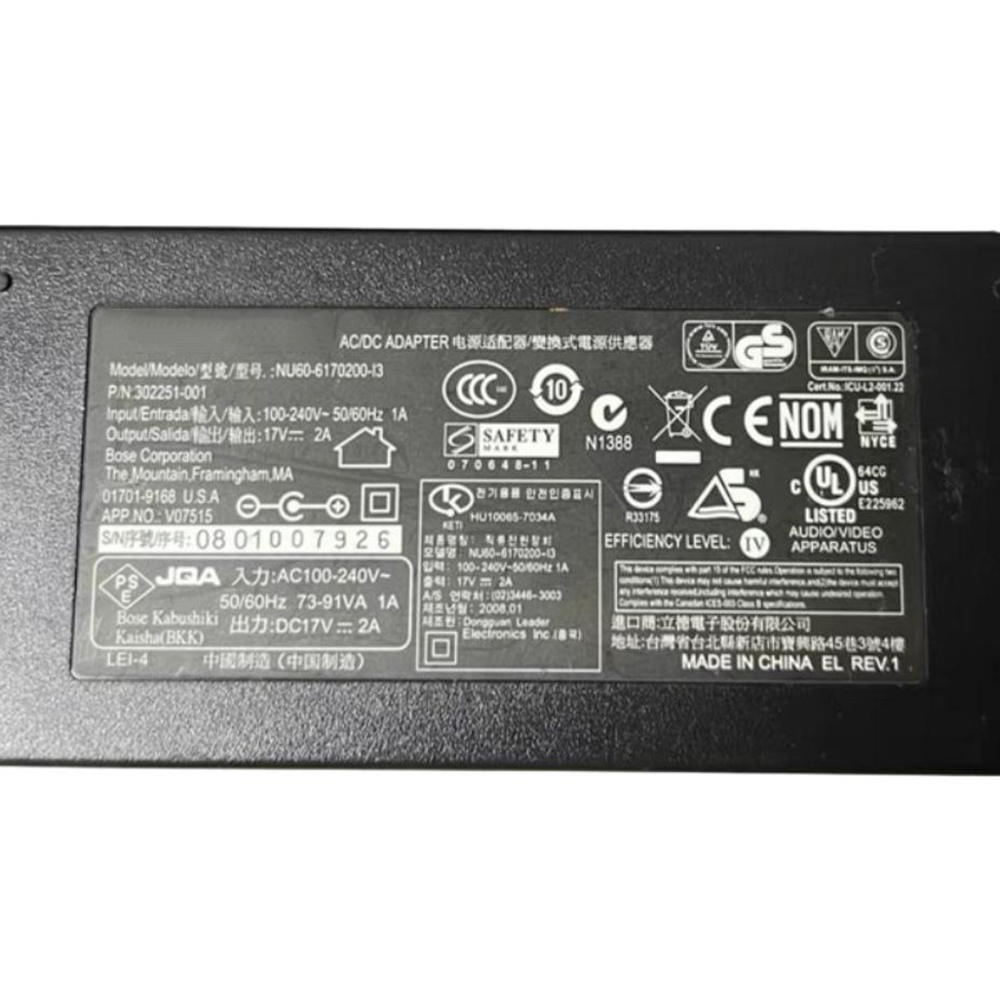 Original Power Supply 17V 2A 34W NU60-6170200-I3 5.5x2.1mm AC Adapter for MUSIC MONITOR M2 M3 Charger 302251-001 17V2A