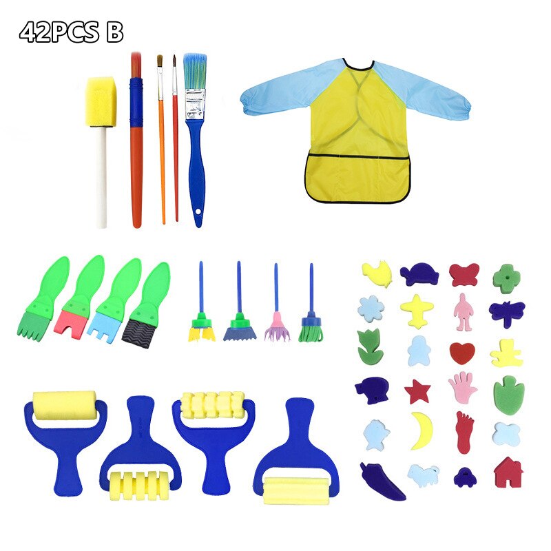 DIY Children Painting Foam Sponge Brush Apron Moulds Tools Kit Kids Early Art Education Learning Drawing Graffito Tools: 42pcs toys gift B