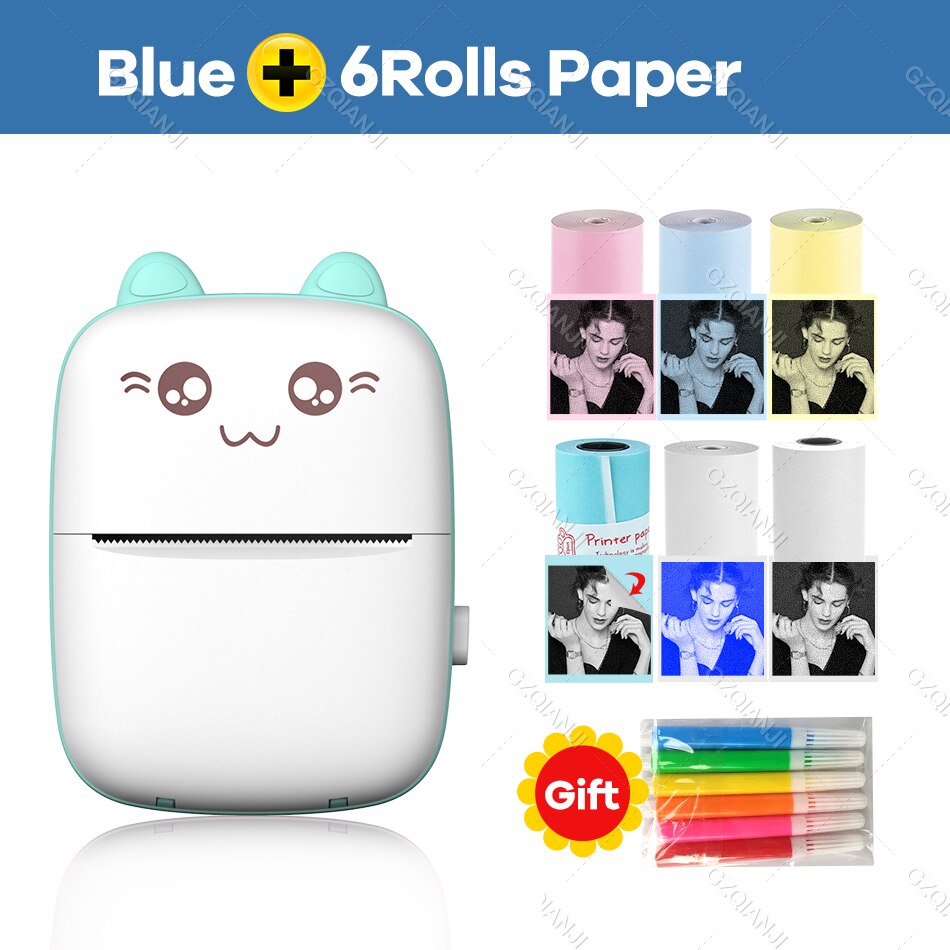 Thermal Printer 203DPI Portable Bluetooth 4.0 Thermal Photo Printer Wireless Inkless Mini Pocket Label Notes Printer With Papers: BL add 6rolls