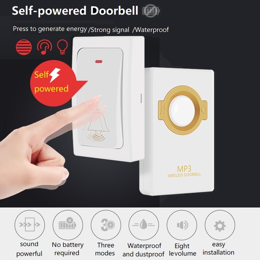 LESHP Novelty Wireless Doorbell Self-powered Remote Button and Receiver MP3 Digital Long Range IP47 Waterproof For Home Security