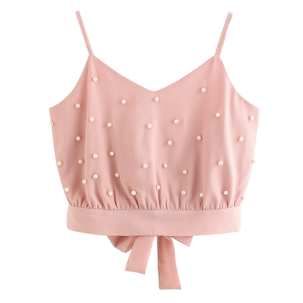 Camiseta sin mangas con cuentas de perlas para mujer, chaleco con correa de pajarita, Tops de gasa, camisetas lisas con cuentas de perlas