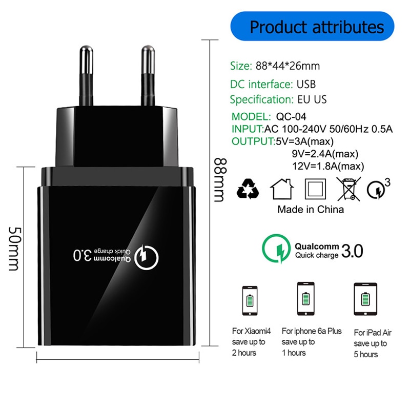 48W Quick Charger 3.0 USB Charger For Huawei P30 QC 3.0 Fast Wall Charger EU UK Plug Adapte For Xiaomi Type C Cable Super Charge