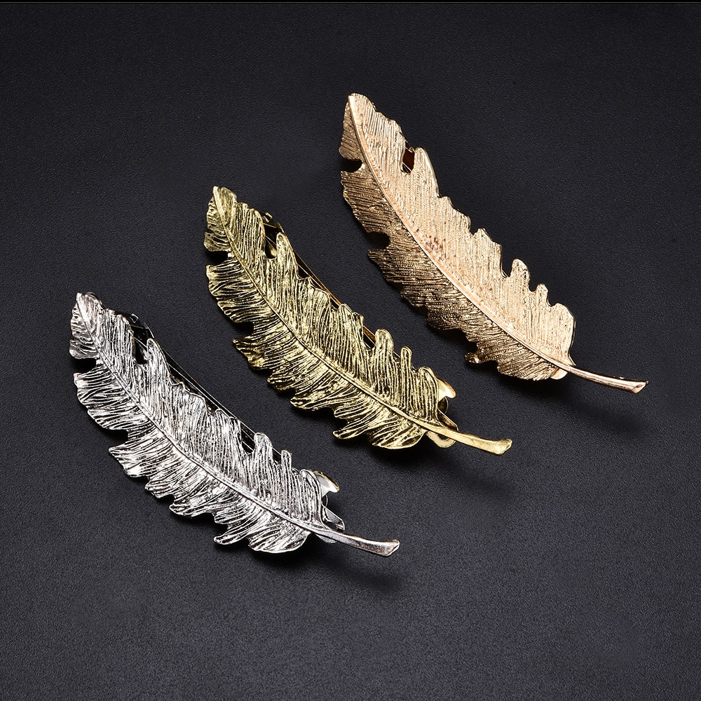 Vintage Simple Gold Leaves Feather Hair Clip Hairpin Barrette Spring Clip Hair Jewelry Women Tiara Accessories Bride