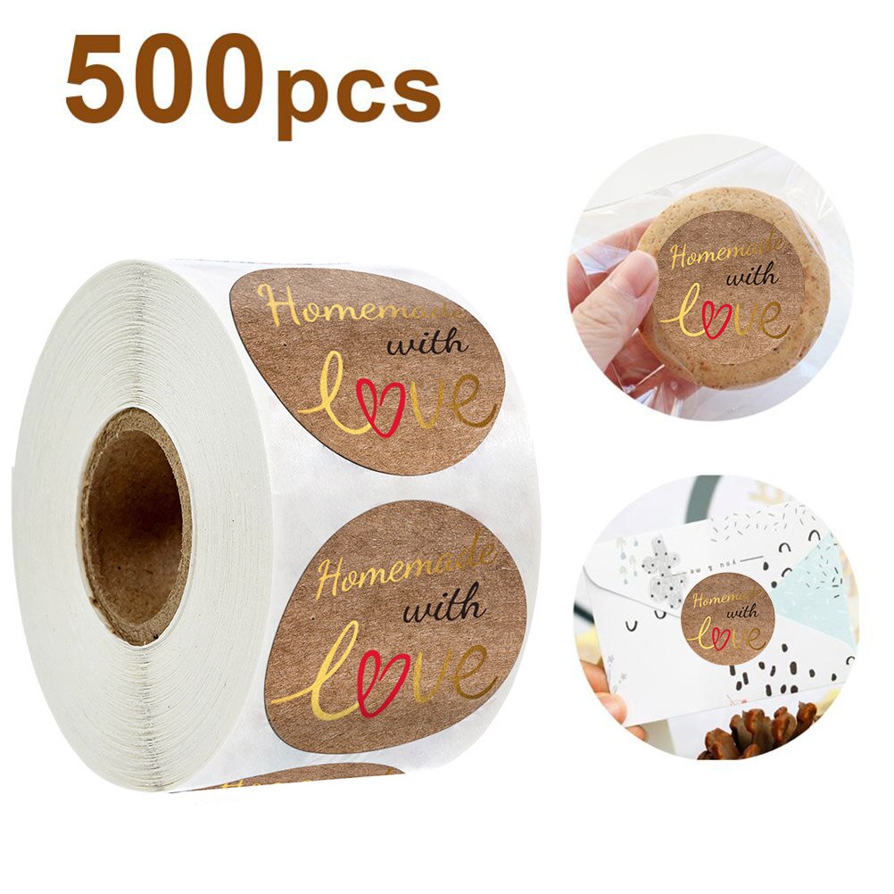 500Pcs Kraft Papier Zelfgemaakte Met Liefde Stickers Scrapbooking Ronde Zelfklevende Stickers Handgemaakte Seal Labels Sticker: Default Title