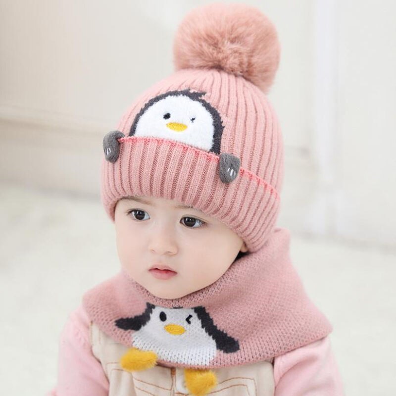 Doitbest 1 to 4 Years old baby kids Beanie sets Cute penguin 2 pcs boys girls winter villus hat scarf set: Pink