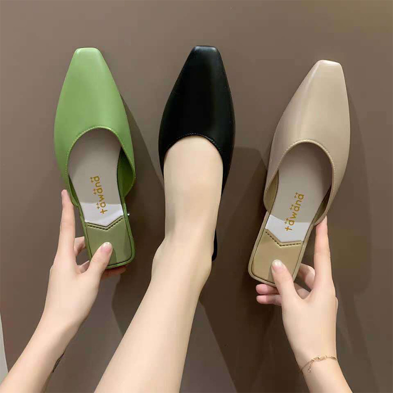 Spetsiga tå mulor kvinnor sommar tofflor godis färg flats slip-on dam sandaler slides pu kvinnor skor