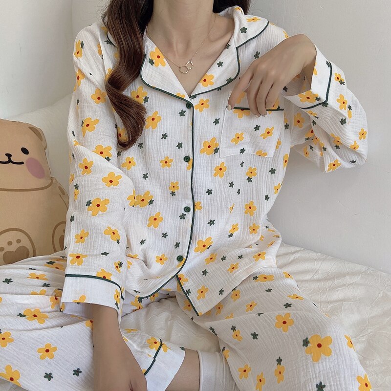 CBAFU spring autumn pajama set flowers print sleepwear lapel collar tops pants 2 piece set comfartable cotton home clothes M620