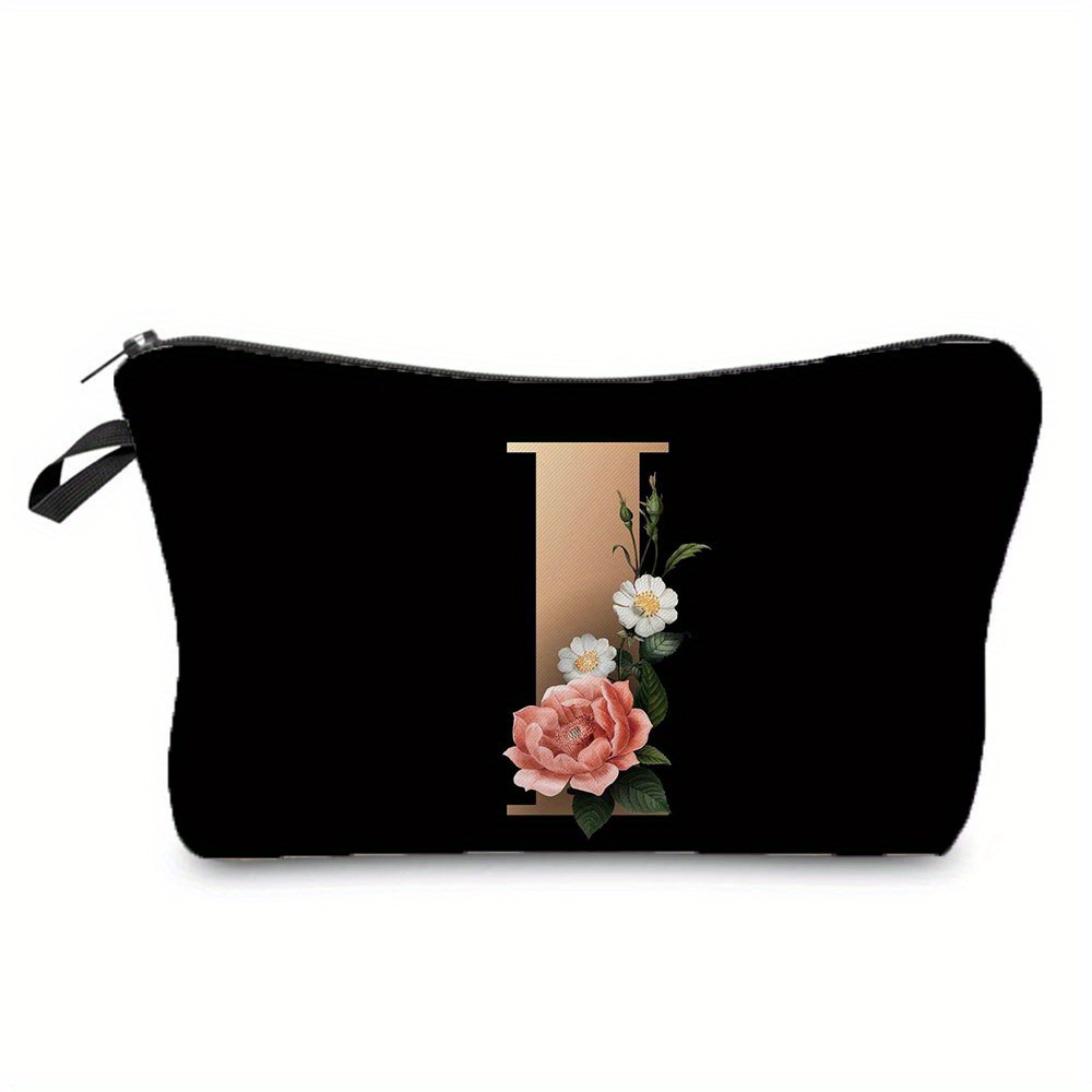 Flower & Letter Print Cosmetic Bag, Zipper Portable Makeup Pouch, Lightweight Coin Purse toiletry bag cajas organizadoras: Dark Grey