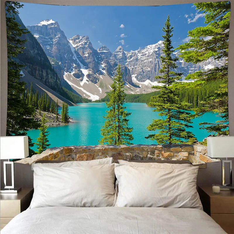 Tapiz de montañas y lagos, paisaje Natural, arte colgante de pared, tela fina, manta de techo para el hogar: 150x100CM / Albaricoque