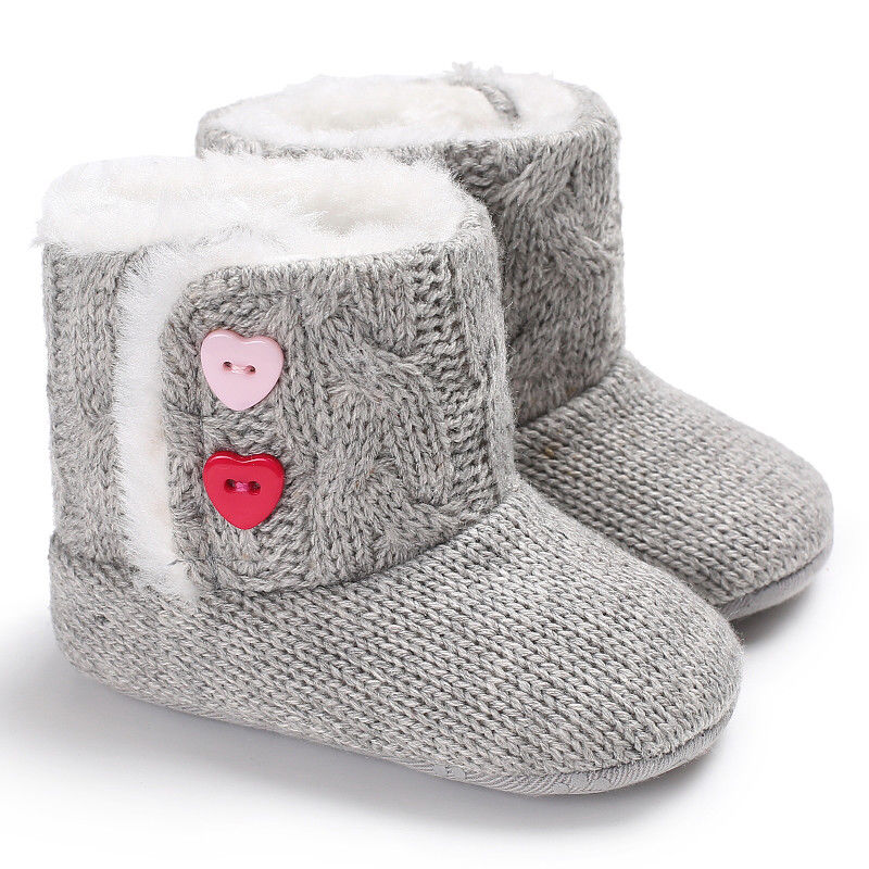 Winter Warm Boots Baby Boy Girl Newborn Toddler Lovely Furry Shoes Heart Shape Button Anti-slip Soft Knitted Slippers