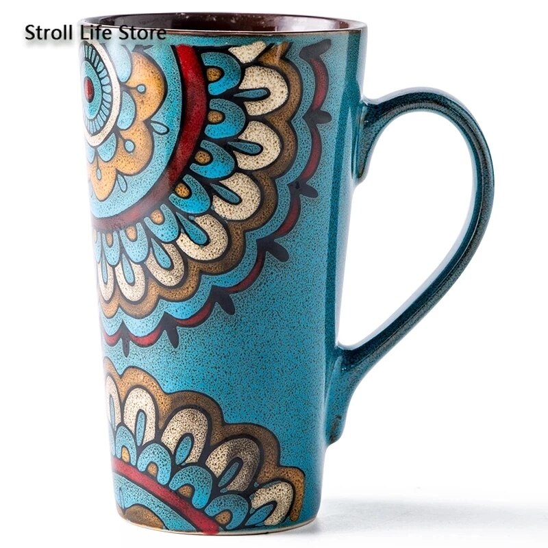 Ceramic Coffee Mug Retro Large-capacity Office Southeast Asia Water Cup Cups and Mugs with Lid Spoon Birthday CM25