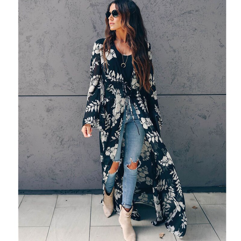 Bikini cover-ups boho printet lang kimono cardigan plus size hvid sort chiffon tunika dame strand wear badedragt cover up  a225