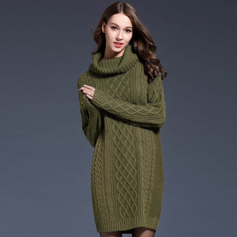 YNZZU Newest Winter Dress Women's Long Sleeve Luxury Solid Turtleneck Warm Wool Sweater Dress Knitted Clothes YD095