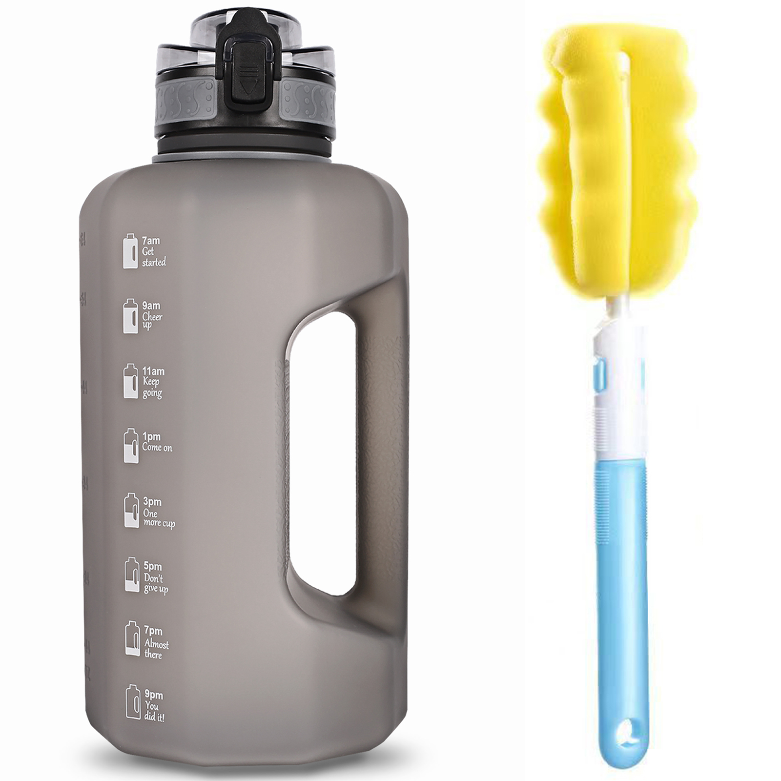 Grote waterfles 2,2 liter met handvat Tijdmarkering, rietje lekvrij halve gallon grote capaciteit enorme kruik voor training gym fitness: Light Grey