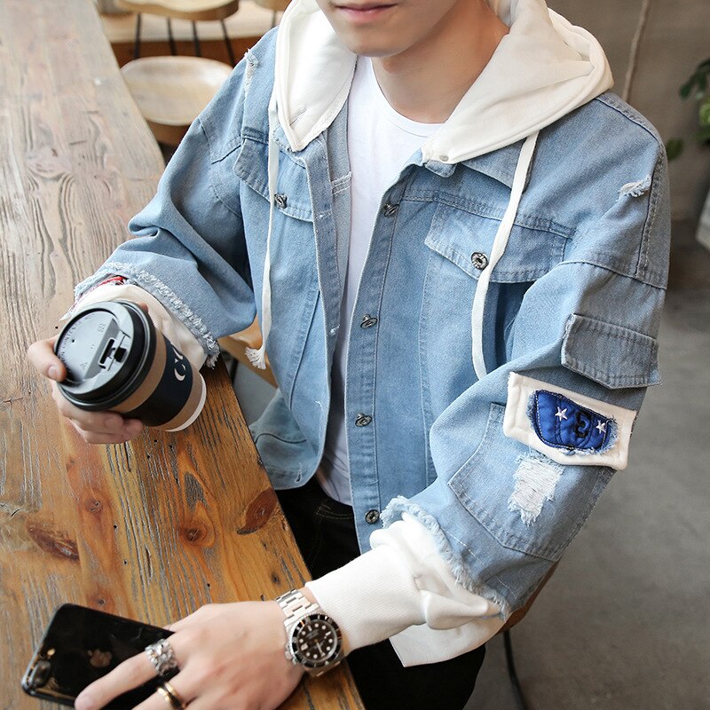 Spring Autumn Hip Hop Street Ripped Jeans Jackets Man Streetwear Distressed Denim Outerwear Tops Holes Light Blue Button Down