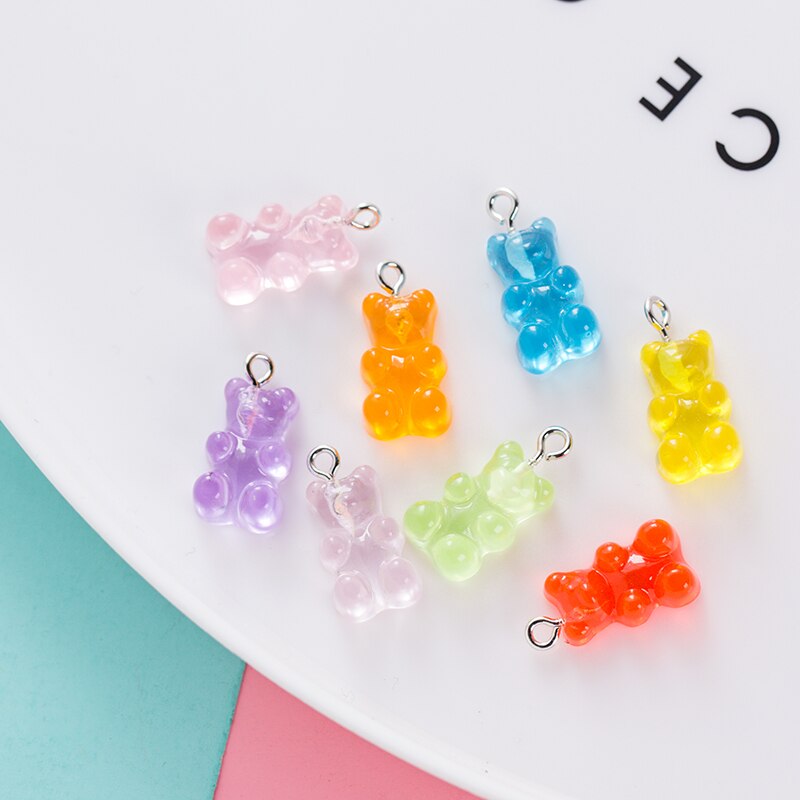 20 Pcs Cretive Kleurrijke Transparante Beer Charms Resin Cabochons Glitter Gummy Sleutelhanger Ketting Hanger Diy Maken Accessoires